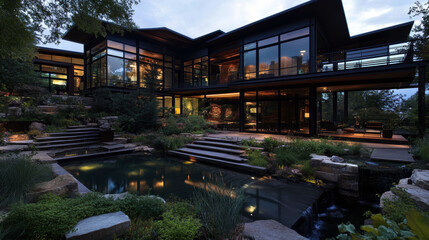 This stunning modern home blends seamlessly with nature, showcasing large glass windows, lush landscaping, and serene water features, creating a tranquil retreat illuminated by soft evening light.