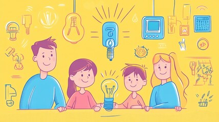 Children with lightbulb and hand drawn icons on yellow background. family education for energy-saving at home.