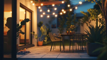 Cozy Patio Retreat With String Lights Creating a Warm Evening Atmosphere. Generative AI