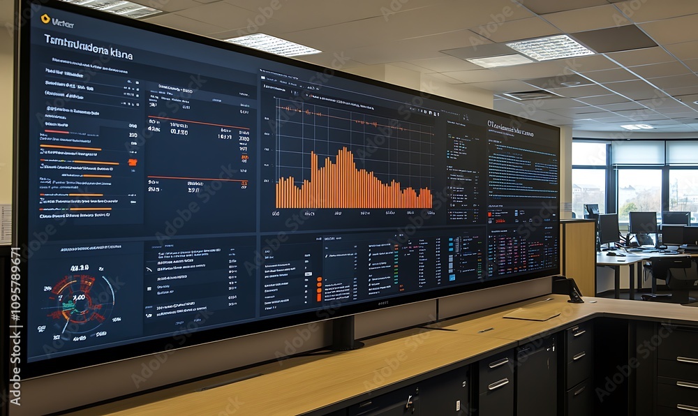 Poster a large screen displaying data analytics and performance metrics in an office setting.
