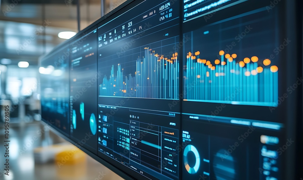 Poster data visualization on multiple screens displaying analytics and trends.