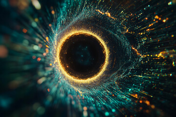 Abstract Cosmic Black Hole with Glowing Golden Ring and Radiating Energy Streams