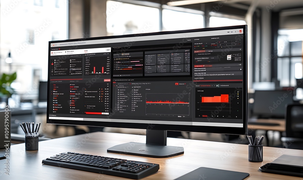 Poster a sleek workstation displaying data analytics on a large monitor in a modern office setting.