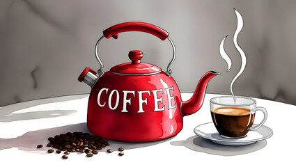 Watercolor, Red coffee pot and cup. Red kettle with text Coffee, Isolated white background. Elements for menu, hot drink. Coffee Hand draw icons.