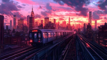 Fototapeta premium A subway train glides through a vibrant NYC skyline at sunset.