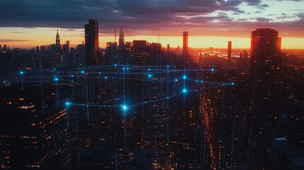 Fototapeta premium Smart digital city with connection Innovation network reciprocity over the sunset cityscape Concept of future wireless digital city and social media networking systems that connects business people