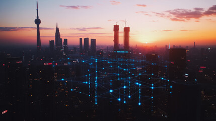 Smart digital city with connection Innovation network reciprocity over the sunset cityscape Concept of future  wireless digital city and social media networking systems that connects business people