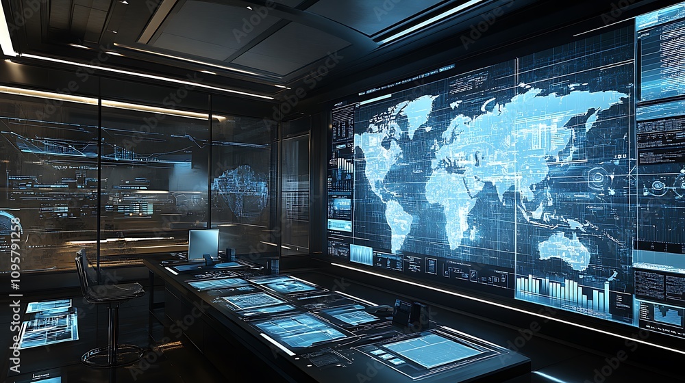 Poster a high-tech control room featuring a world map and data displays for monitoring purposes.