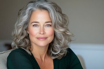 Fototapeta premium A mature woman in her 50s, relaxing on a comfortable sofa with a soft smile. Her gray curly hair frames her face as she leans back, enjoying a quiet moment at home. The living room is cozy,