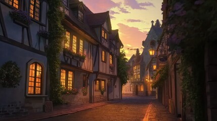 Fototapeta premium Quiet anime neighborhood street at dusk with warm glowing windows and lamplights
