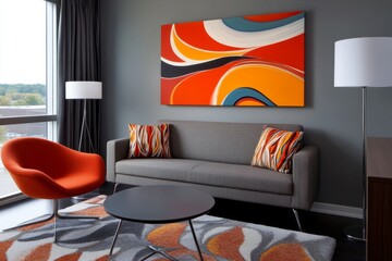A mid-century modern apartment living room with iconic furniture designs, bold colors, and clean lines