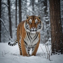 Naklejka premium A Siberian tiger prowling through a snow-covered forest.