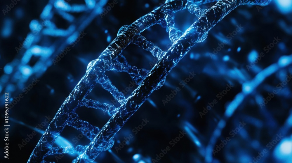 Poster abstract representation of dna helix structure in vibrant blue light for scientific concepts and bio