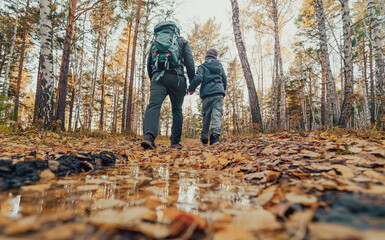 father and son walking in autumn