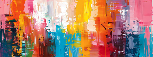 Vibrant abstract artwork featuring bold strokes in shades of pink, orange, yellow, and blue, creating a dynamic visual experience.