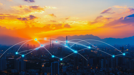 Smart digital city with connection Innovation network reciprocity over the sunset cityscape Concept of future  wireless digital city and social media networking systems that connects business people