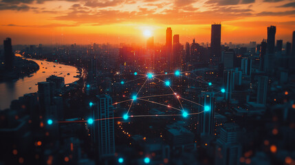 Fototapeta premium Smart digital city with connection Innovation network reciprocity over the sunset cityscape Concept of future wireless digital city and social media networking systems that connects business people