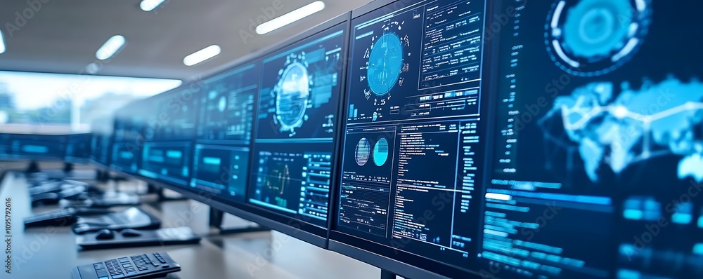 Poster a high-tech workspace featuring multiple screens displaying data and analytics.