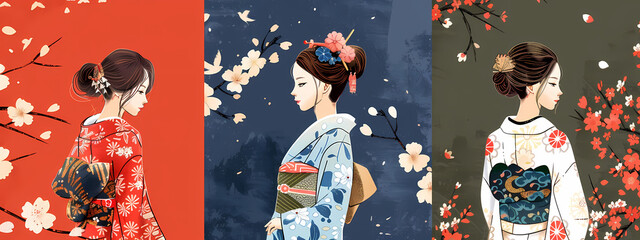 Fototapeta premium Three elegant Asian women in traditional kimonos, showcasing vibrant colors and floral patterns, set against beautifully contrasting backgrounds.