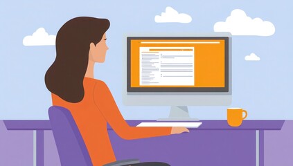 A software developer girl writes code at her desk in a modern office. Mental work.