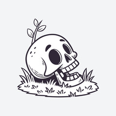 Skull in grass illustration, cartoon style black and white art with nature elements