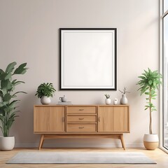 Blank Poster Frame in Living Room with Wooden Sideboard