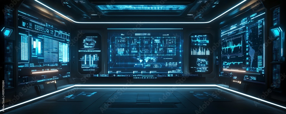 Poster futuristic control room with glowing interfaces and data displays.