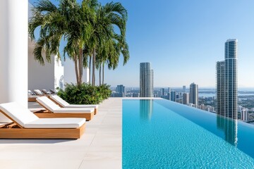 Fototapeta premium A rooftop pool on an apartment building, with lounge chairs and city views stretching into the distance