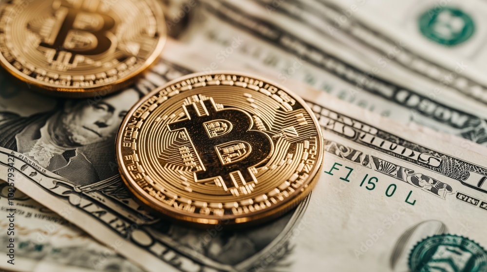 Poster the image features bitcoin coins resting on a stack of us dollar bills, symbolizing the intersection