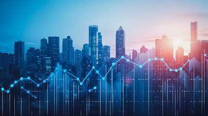 Fototapeta premium Smart digital city with connection Innovation network reciprocity over the sunset cityscape Concept of future wireless digital city and social media networking systems that connects business people