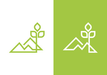 Mountain line art icon logo with Tree/Leaves vector. growth logo vector