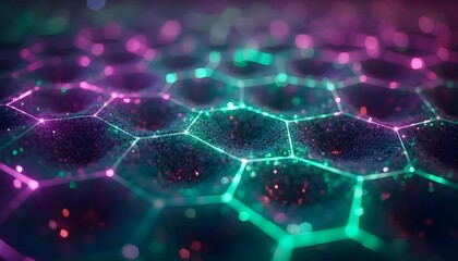 Hexagons and triangles connected by neon green and purple colors. Luminous geometric shape.