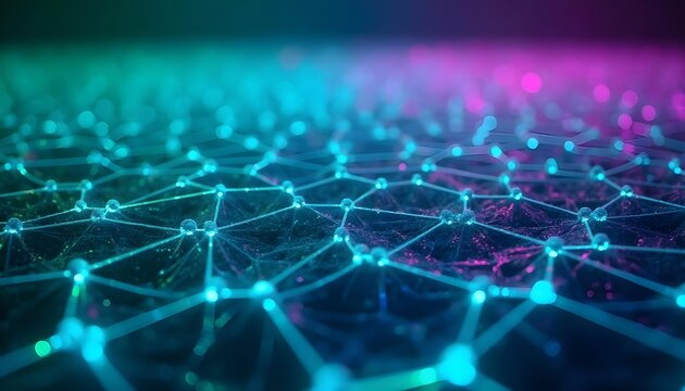 Hexagons and triangles connected by neon green and purple colors. Luminous geometric shape. - Powered by Adobe