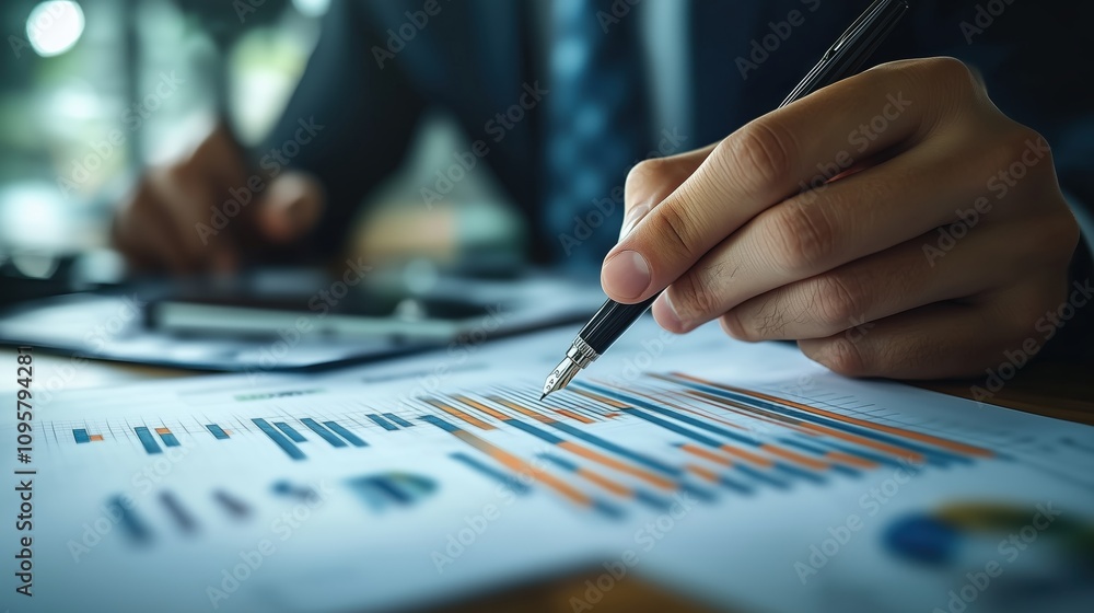 Poster a person analyzes business charts and graphs while taking notes with a pen, focusing on data-driven 