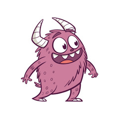 Cartoon cute purple monster with horns and a happy expression