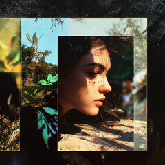 Female Portrait Framed by Lush Greenery and Earthy Layers