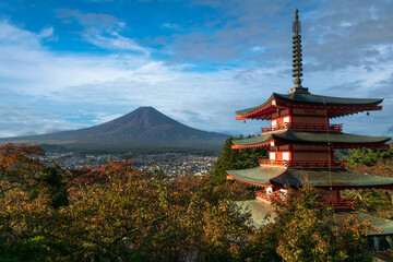 Mount Fuji from the observation deck in the Arakura yama Sengen Park against the background of the...