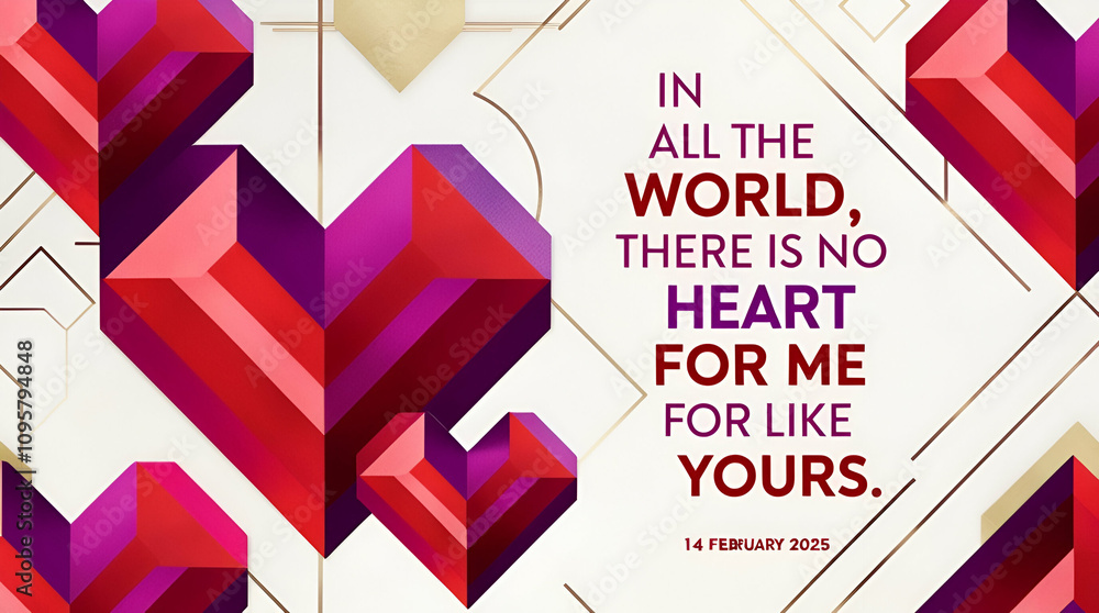Fototapete valentine's day card in whit and red color with a quote along with geomatrical heart shape