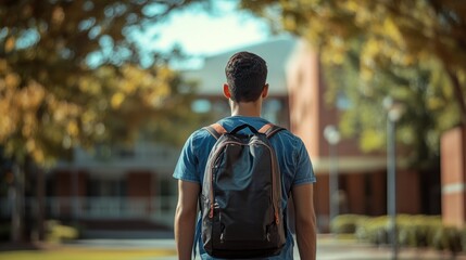 Latin American College Student Walking to Dorm With Backpack on Campus in Bright Natural Light. Generative AI