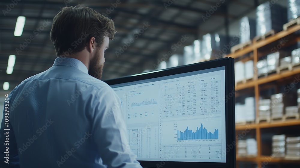Poster a man analyzing data on a large screen in a warehouse setting.