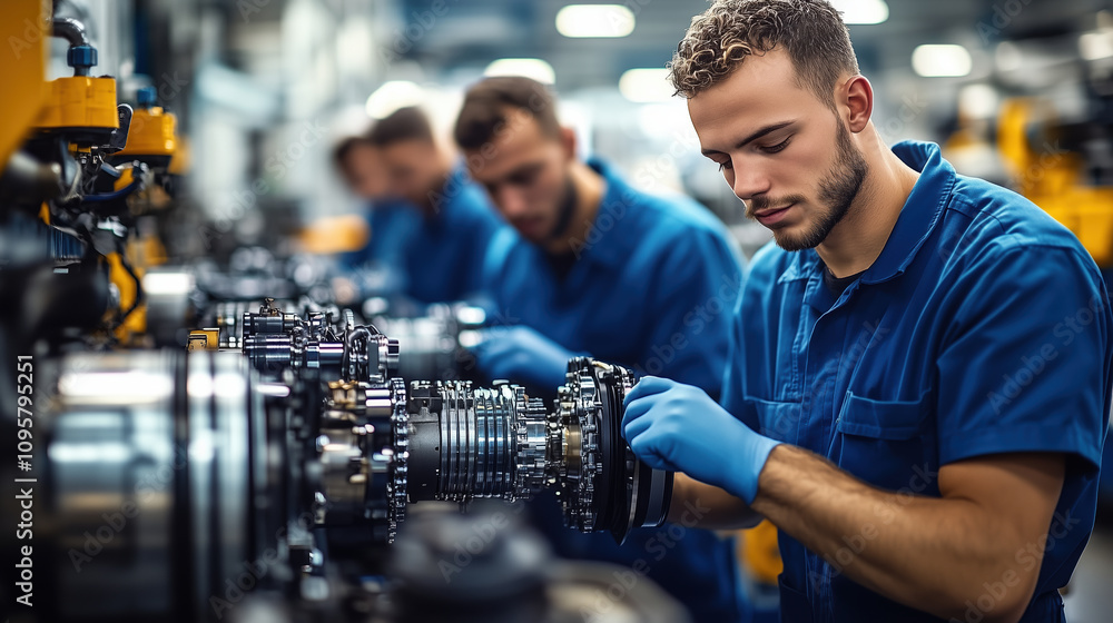 Poster a technician focuses on assembling machinery components in a factory setting, showcasing precision a