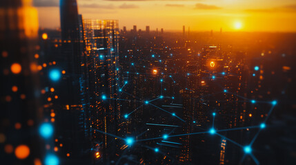 Obraz premium Smart digital city with connection Innovation network reciprocity over the sunset cityscape Concept of future wireless digital city and social media networking systems that connects business people