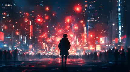 Silhouetted figure in a cityscape, watching vibrant fireworks against neon lights.