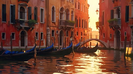 Gondola ride at sunset in the serene canals of Venice with vibrant sky colors and historic architecture