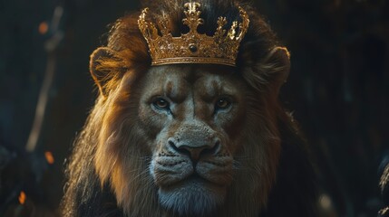 Majestic Lion With a Golden Crown Reigns Over His Kingdom in a Mystical Forest Setting. Generative AI