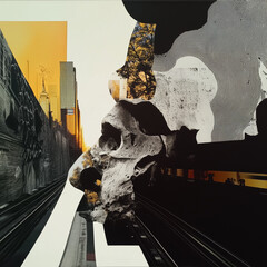 Surreal Urban Scene with Skull Motif and Layered Depths