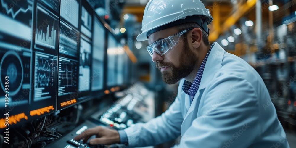 Poster a focused engineer in a hard hat and lab coat operates high-tech machinery in an industrial setting,