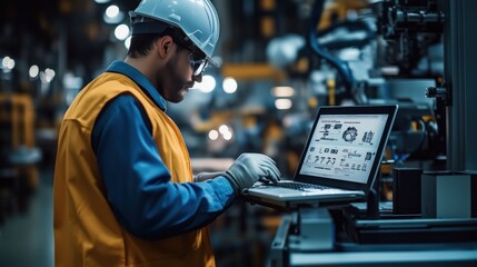 A worker in safety gear operates a laptop in a manufacturing facility, highlighting the integration of technology in industrial settings.