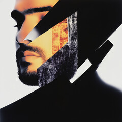 Portrait with Geometric Cutouts and Textured Layered Backgrounds