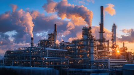 Obraz premium A large industrial complex with smokestacks releasing emissions, set against a vibrant sunset sky, showcasing a blend of technology and nature.